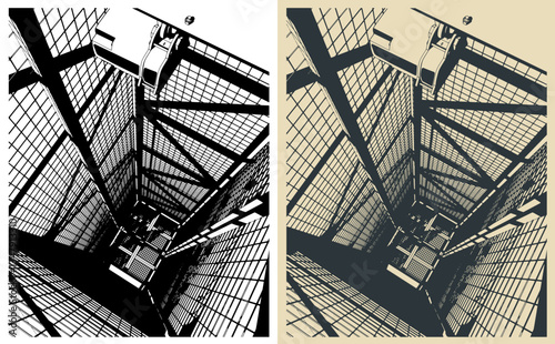 Cinematic view of deep caged elevator shaft