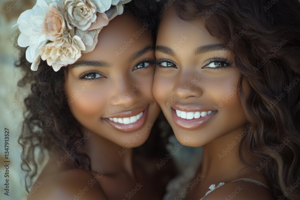 Obraz premium Two beautiful women with flowers in their hair, laughing joyfully in a sunlit garden.
