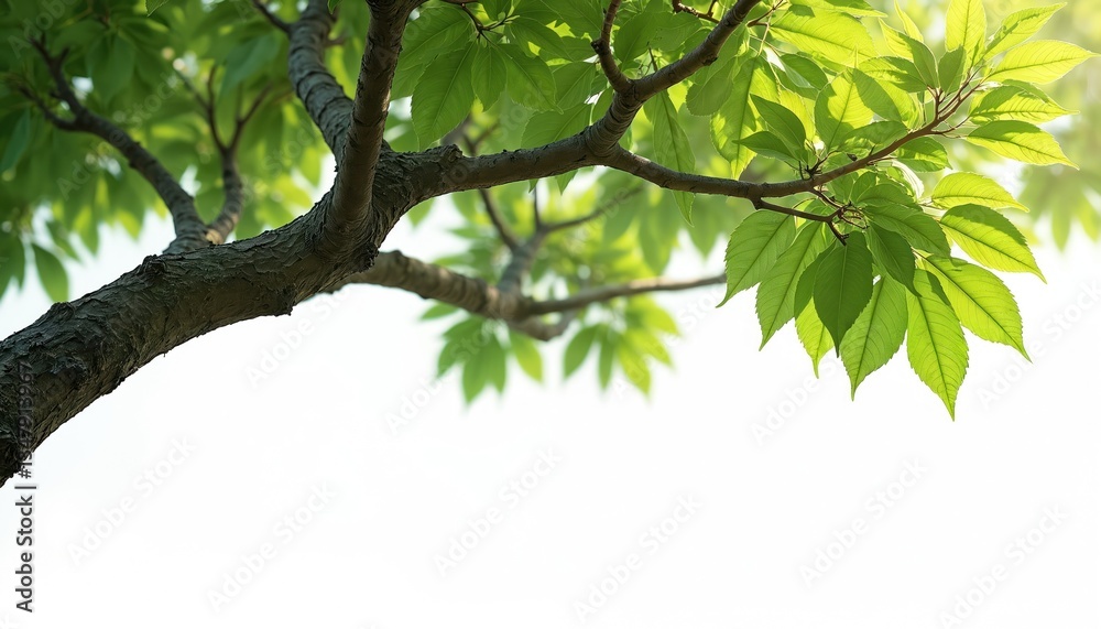 Tree branch with fresh green leaves against bright white background. Nature, botany, spring, summer, environment concept. Sunny day, freshness, organic, eco themes. Tree branch with fresh green leaves against bright white background. Nature, botany, spring, summer, environment concept. Sunny day, freshness, organic, eco themes.