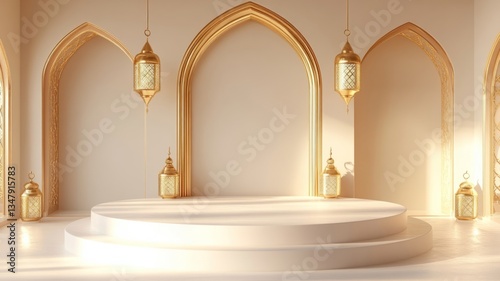 Elegant Golden Lanterns and Archways Surround a Circular Platform
