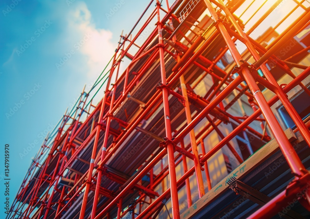 Fototapeta premium Vibrant red scaffolding structure against a clear blue sky.