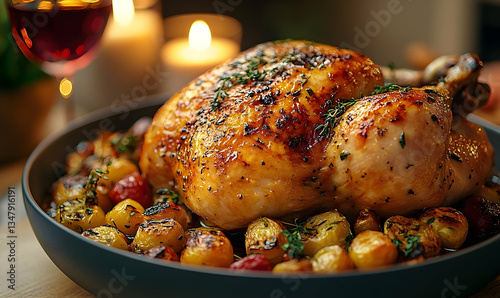 Festive roasted chicken dish with potatoes and candlelit ambiance