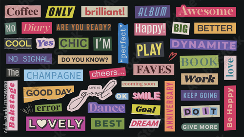 Tablou pe pânză Colorful cut-out words and phrases on black background