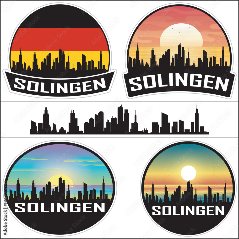 Obraz premium Solingen Germany Flag Skyline Cityscape Silhouette Travel Souvenir Sticker Isolated Vector