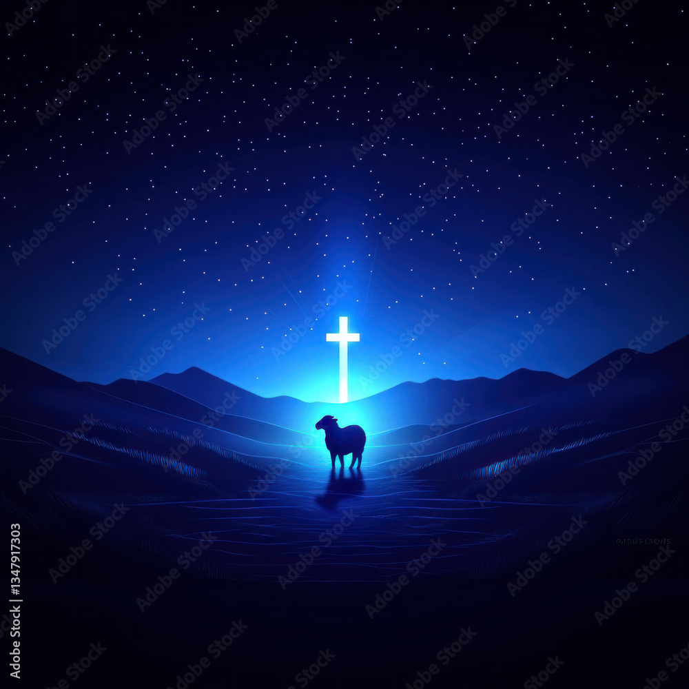 Fototapeta premium A blue sky with a cross and a sheep in the foreground. The sheep is standing in a river