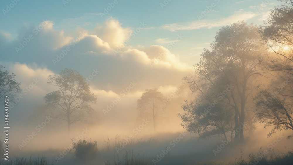 Mystical Foggy Landscape with Soft Morning Light Mystical Foggy Landscape with Soft Morning Light
