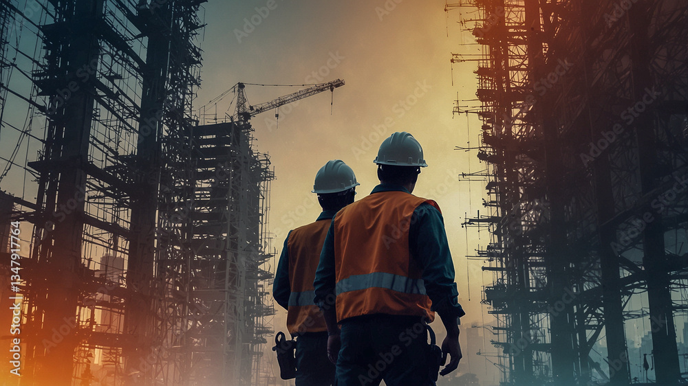 Two Construction Workers Supervising Skyscraper Project Two Construction Workers Supervising Skyscraper Project
