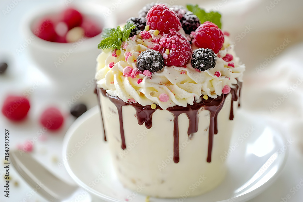 Delicious dessert creation featuring fresh berries, cream, and chocolate drizzle, perfect for a sweet treat and indulgence Delicious dessert creation featuring fresh berries, cream, and chocolate drizzle, perfect for a sweet treat and indulgence