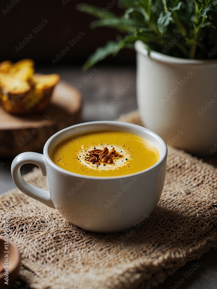 Golden turmeric latte in a cozy ceramic mug Golden turmeric latte in a cozy ceramic mug