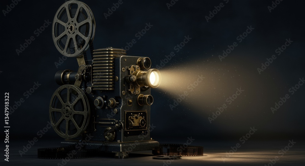 Obraz premium This vintage film projector casts a warm light in a dark room, surrounded by film reels, evoking nostalgia for classic cinema and the art of storytelling.