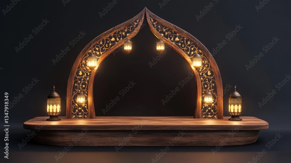 Fototapeta premium Illuminated Wooden Archway With Intricate Lanterns