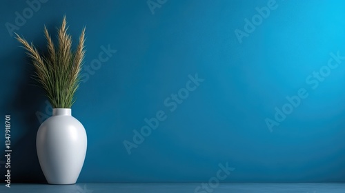 Simple, elegant vase with wheat on a vibrant blue backdrop