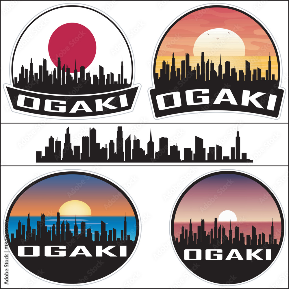 Obraz premium Ogaki Japan Flag Skyline Cityscape Silhouette Travel Souvenir Sticker Isolated Vector