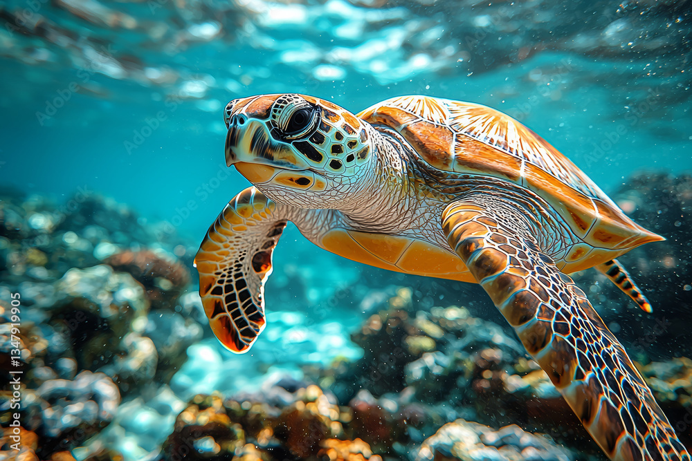 Fototapeta premium Turtle swimming gracefully underwater among coral reefs teeming with marine life. Concept of ocean conservation.
