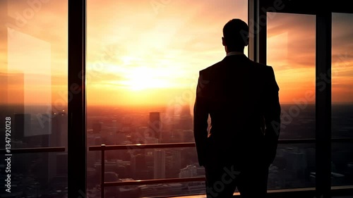 Businessman standing in front of a large glass window, looking out at the city skyline, representing the idea of of clear vision and a long-term perspective in achieving business success