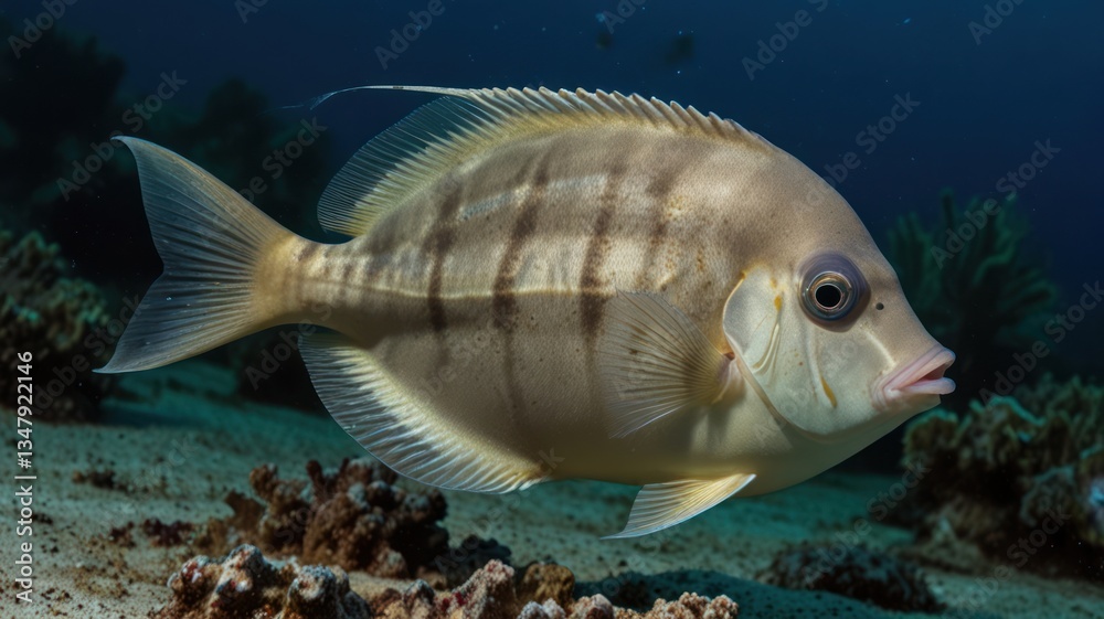 Fototapeta premium Underwater shot of a fish, light brownish-gray with dark stripes