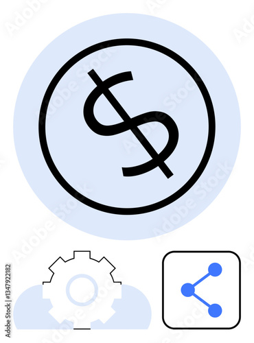 Dollar sign symbolizing finance, gear for process management, and share icon for networking. Ideal for finance, technology, innovation, workflow, collaboration economy modern strategies. Simple