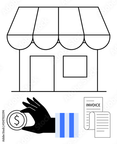 Storefront with awning, hand holding coin, receipt and invoice implying retail, shopping, or financial transactions. Ideal for business, retail, finance payment shopping billing commerce. Flat