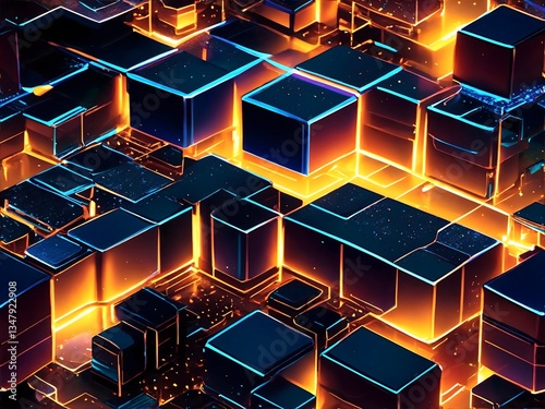 Abstract technology background with 3D cubes geometric shape. Futuristic technology wallpaper. Digital cyber tech backdrop background. abstract background neon glowing lights.