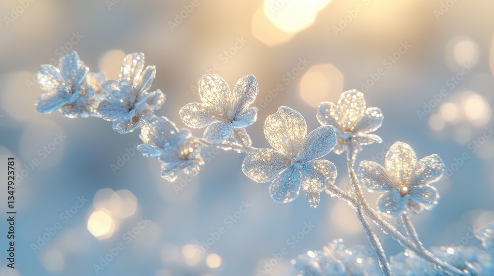 Fototapeta premium Frozen flower branch in winter sunrise