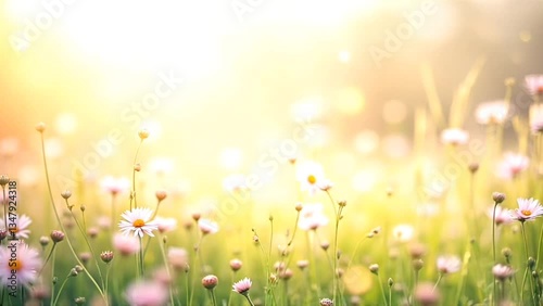 Colorful flower meadow with sunbeams and bokeh lights in summer, nature background banner with copy space, summer greeting card wildflowers spring concept.