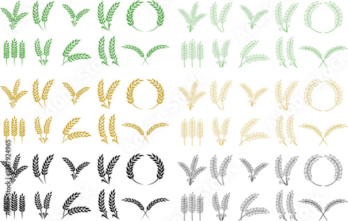 Wheats ears icon set and wheat design elements flat line vector collection isolated on transparent background. Harvest wheat grain, growth rice stalk and whole bread grains or field cereal nutritious.