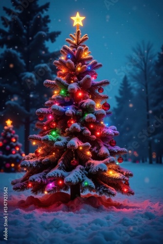 A Christmas tree with colorful lights and ornaments displayed on a snowy evening , , christmas tree, festive