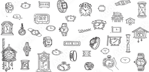 Set of doodle sketch watches. Alarm clocks, sand glasses, stop-watch and timer. 