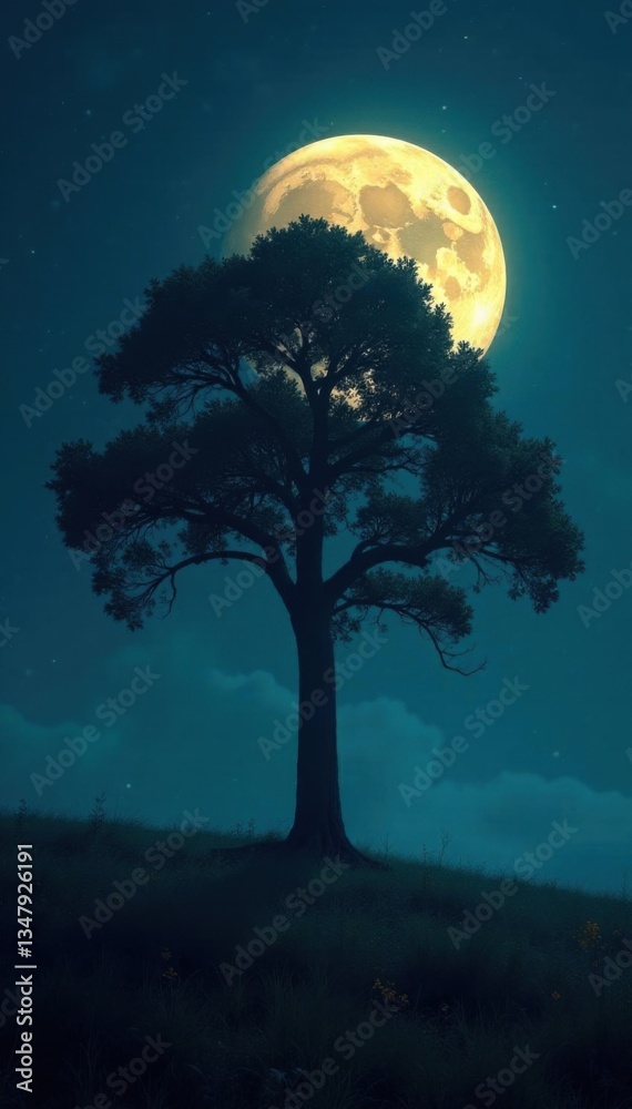 Fototapeta premium A lone tree stands in a deserted forest under the glowing full moon , gloom, darksky