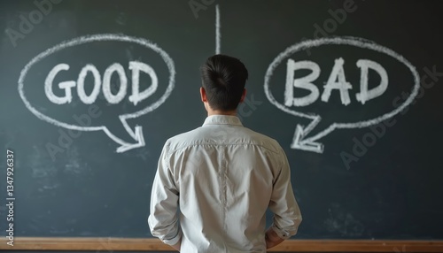 Man stands before blackboard with good and bad speech bubbles. Choice, decision concept. Business ethics, moral dilemma. Weighing options, making selection, right or wrong.
