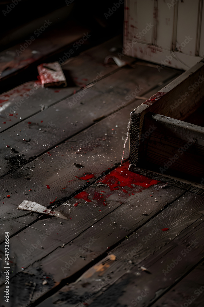 A small wooden box on the floor of the attic has red stains and is messy. The photo was taken with minimal light and a dark background, making it creepy. A small wooden box on the floor of the attic has red stains and is messy. The photo was taken with minimal light and a dark background, making it creepy.