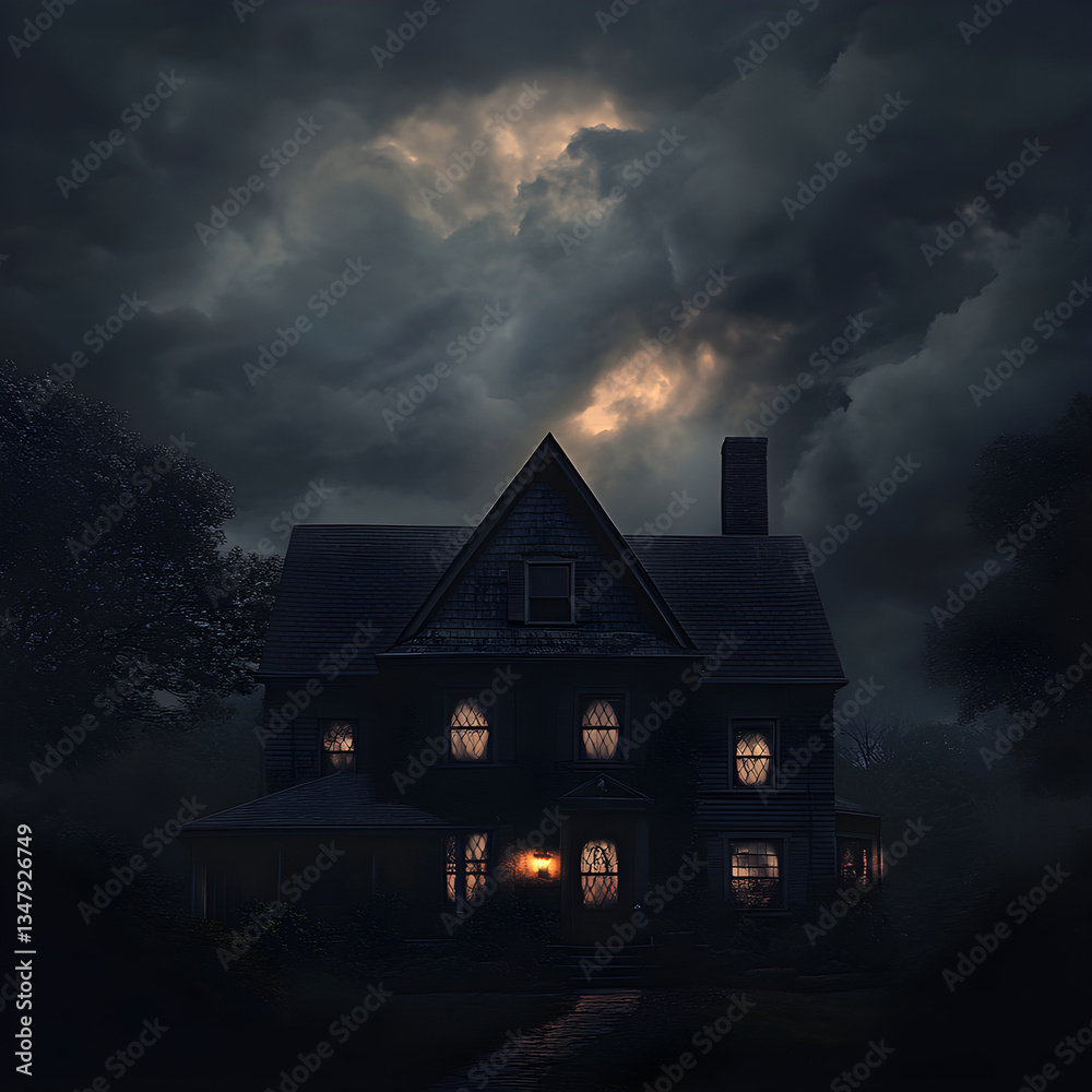 A nighttime view of the infamous Amityville house, featuring its distinctive windows that resemble watchful eyes. The sky is dark and accompanied by rainy clouds, and the house is dimly lit. A nighttime view of the infamous Amityville house, featuring its distinctive windows that resemble watchful eyes. The sky is dark and accompanied by rainy clouds, and the house is dimly lit.