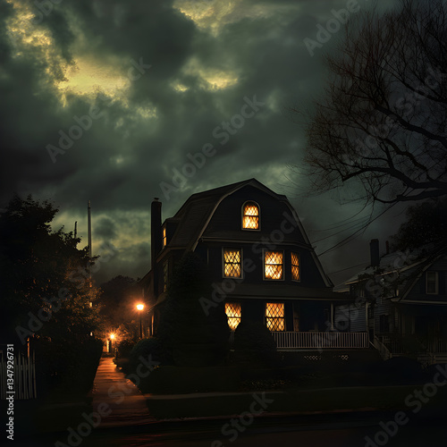 The infamous Amityville house at night, with its iconic windows that resemble sinister, watching eyes. The sky is dark with rolling storm clouds, and the house is dimly lit.