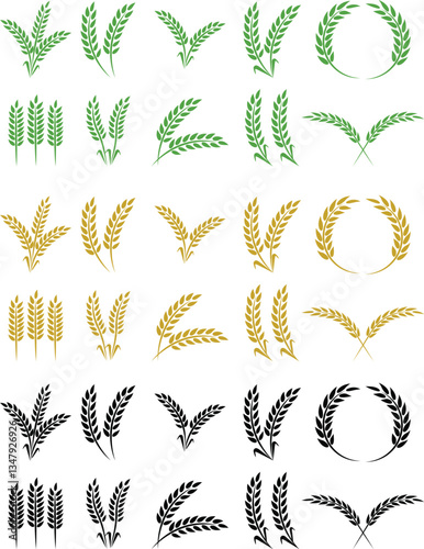 Wheats ears icon set and wheat design elements flat line vector collection isolated on transparent background. Harvest wheat grain, growth rice stalk and whole bread grains or field cereal nutritious.