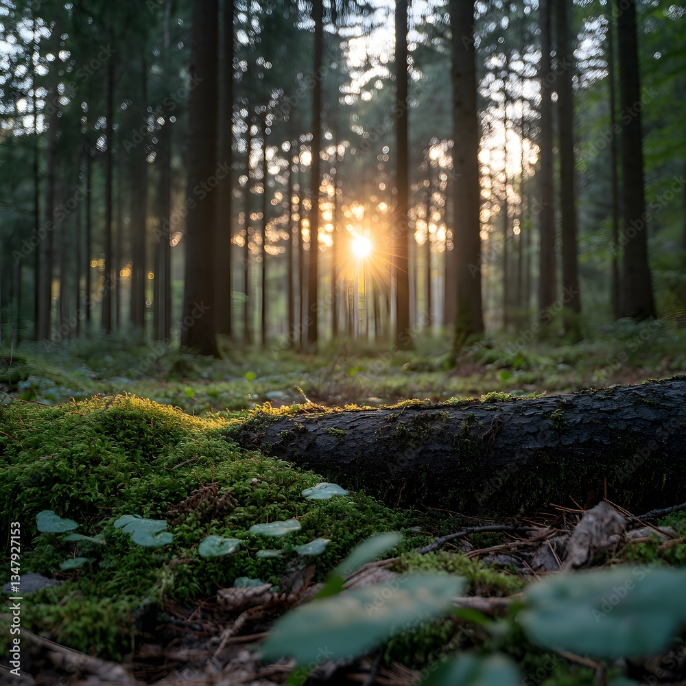Obraz premium Sunset forest moss log nature background