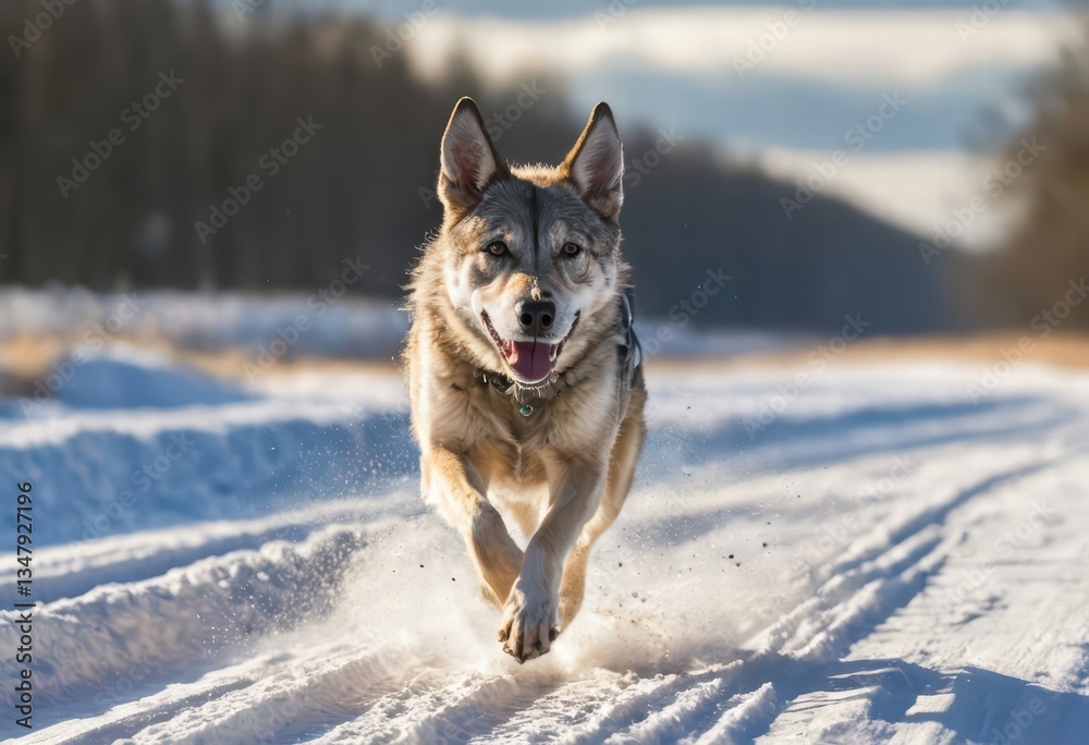 Naklejka premium Czechoslovakian Wolfdog running in the countryside of czech, in a cold and foggy meadown, wild doggy in the natural ambient