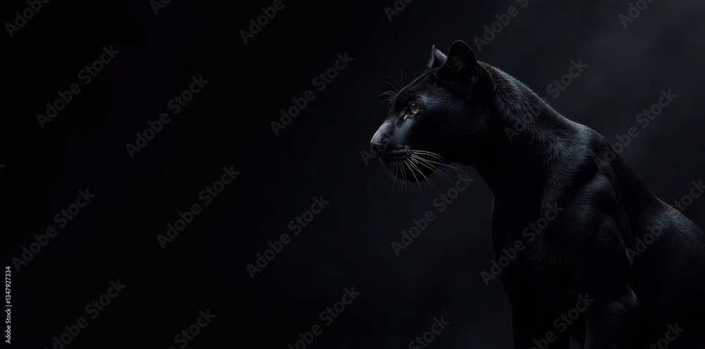 Obraz premium Black panther in silhouette against black backdrop, shadows, beast, darkness