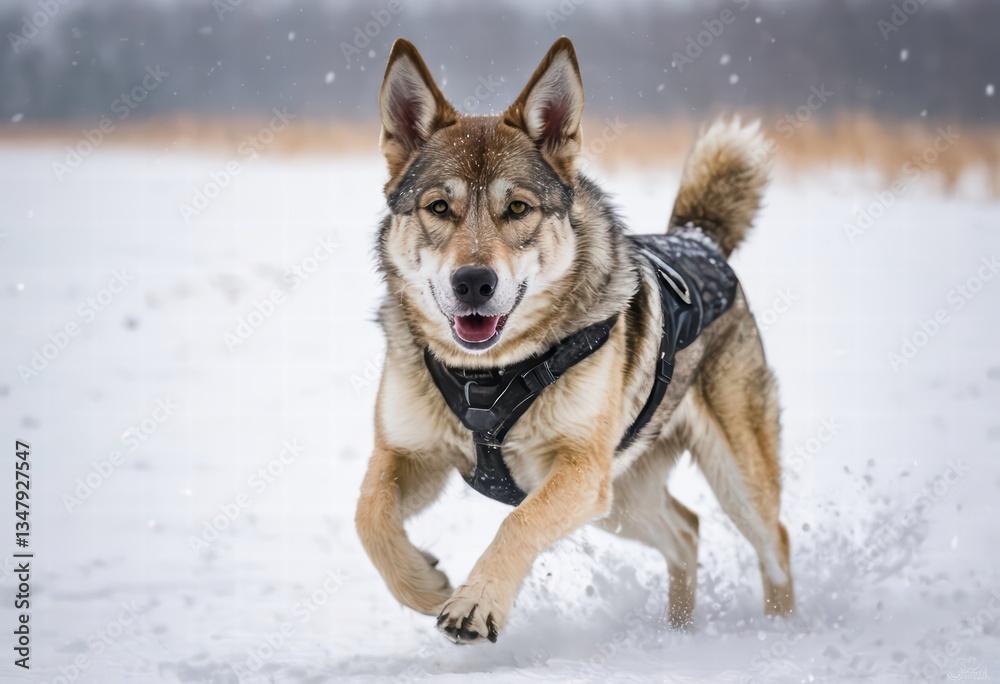 Fototapeta premium Czechoslovakian Wolfdog running in the snowy countryside of czech during winter, in a cold and snow meadown, wild doggy in the natural ambient