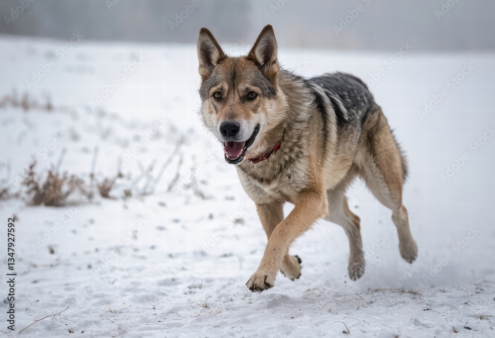 Naklejka premium Czechoslovakian Wolfdog running in the snowy countryside of czech during winter, in a cold and snow meadown, wild doggy in the natural ambient