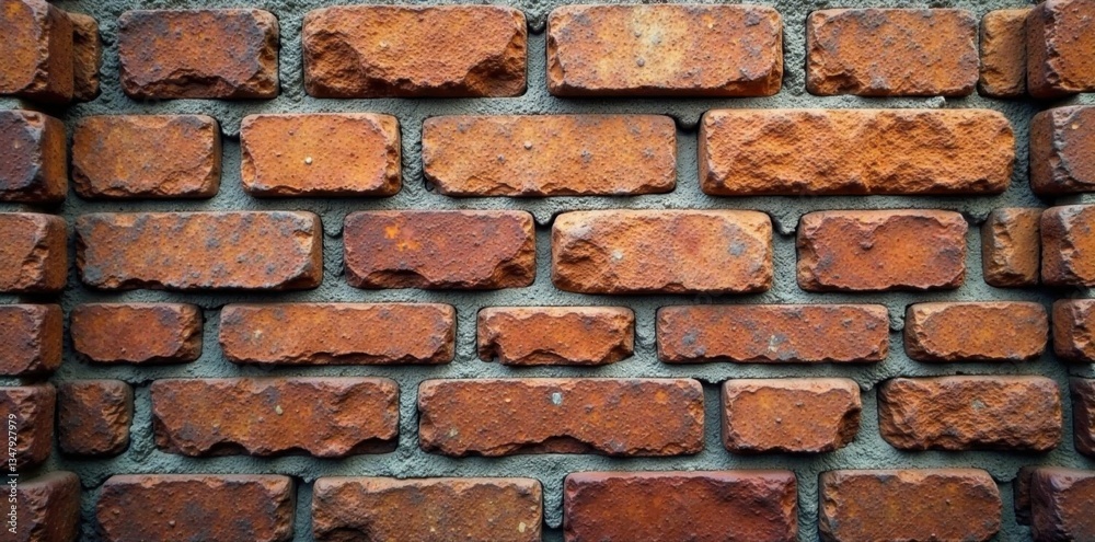 Obraz premium Aged stone facade with grunge brick pattern featuring rusty metal reinforcement, grunge, rough, brick