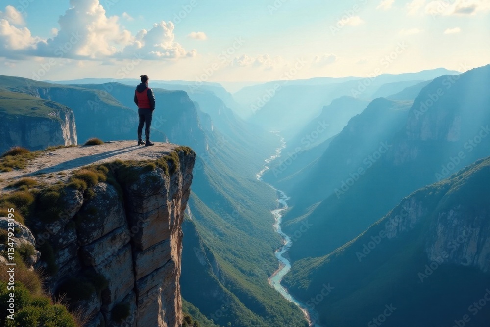 Fototapeta premium An individual stands at the edge of a cliff overlooking a breathtaking landscape, vastness, nature