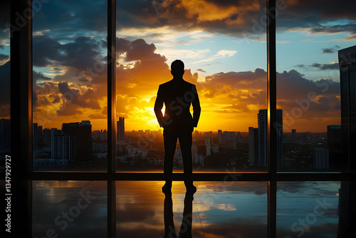 Fototapeta Naklejka Na Ścianę i Meble -  Silhouette of a contemplative executive watching a breathtaking city sunset through large windows