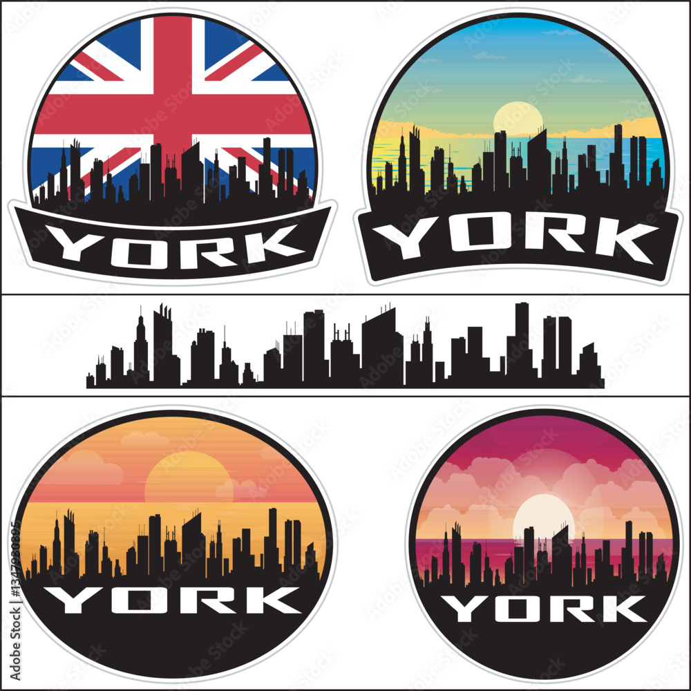Obraz premium York UK Flag Skyline Cityscape Silhouette Travel Souvenir Sticker Isolated Vector