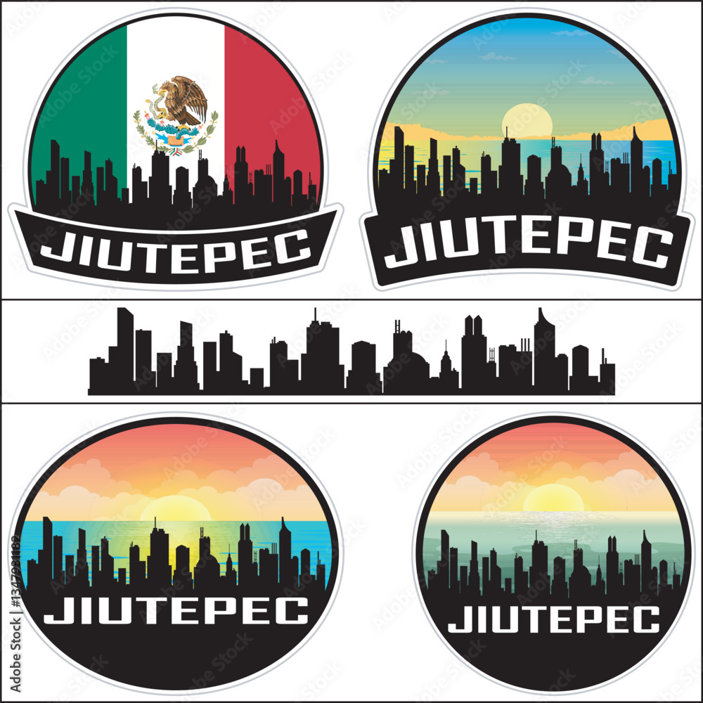Obraz premium Jiutepec Mexico Flag Skyline Cityscape Silhouette Travel Souvenir Sticker Isolated Vector