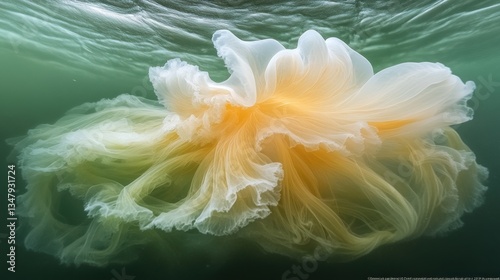 Glistening, ethereal jellyfish.  Gentle, flowing, translucent form.  Submerged in murky depths