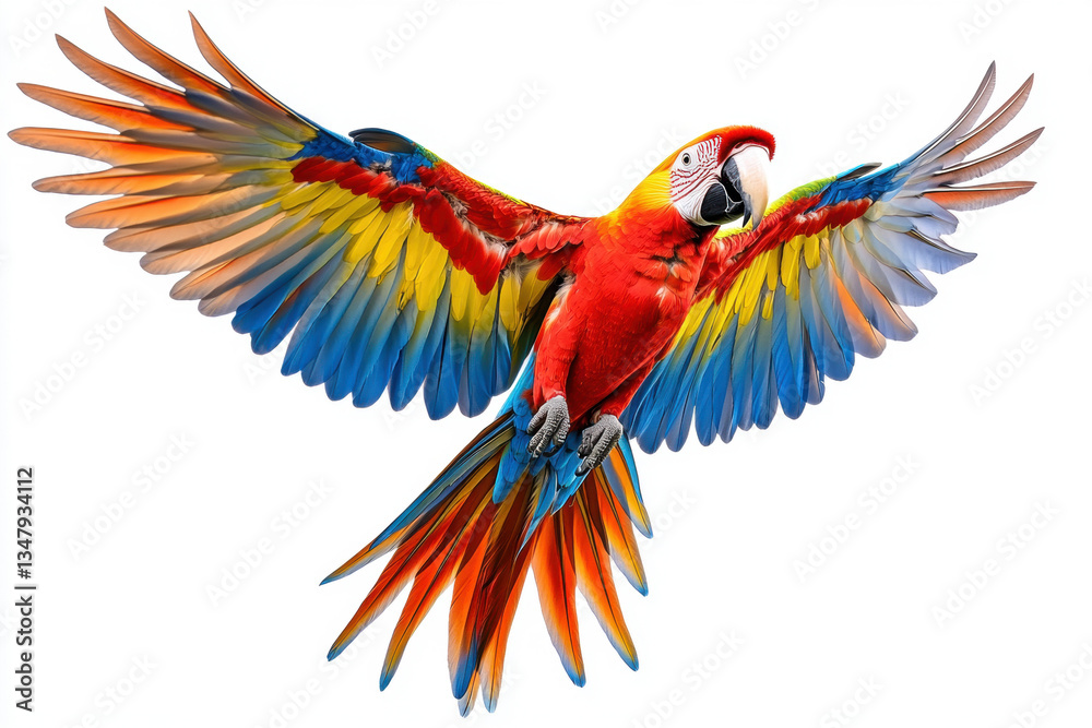 Fototapeta premium Colorful parrot soaring gracefully through clear blue sky, showcasing vibrant plumage and elegant wingspan.