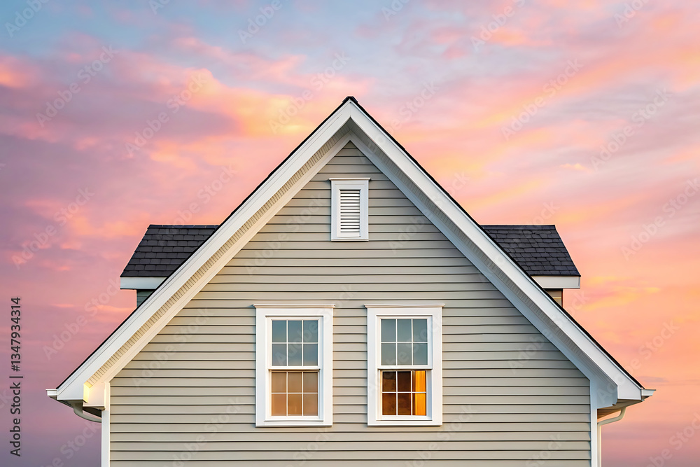 House gable end with windows and pink sunset sky