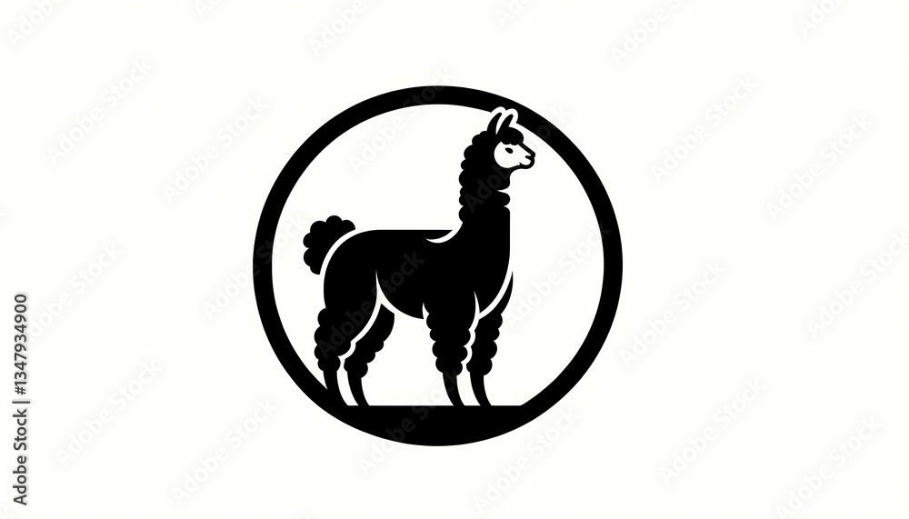 Fototapeta premium Minimalist black silhouette of an alpaca in a circular frame, elegant design