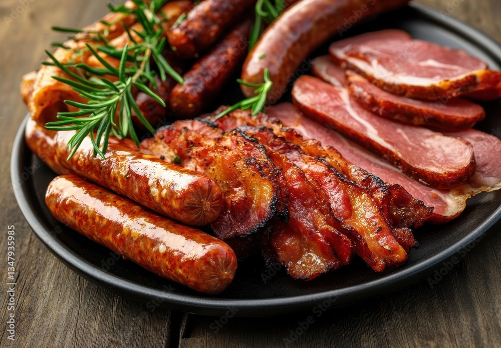 Assorted Grilled Meats on a Black Plate with Fresh Rosemary Sprigs Decorated on a Rustic Wooden Table Perfect for BBQ or Culinary Presentation Assorted Grilled Meats on a Black Plate with Fresh Rosemary Sprigs Decorated on a Rustic Wooden Table Perfect for BBQ or Culinary Presentation