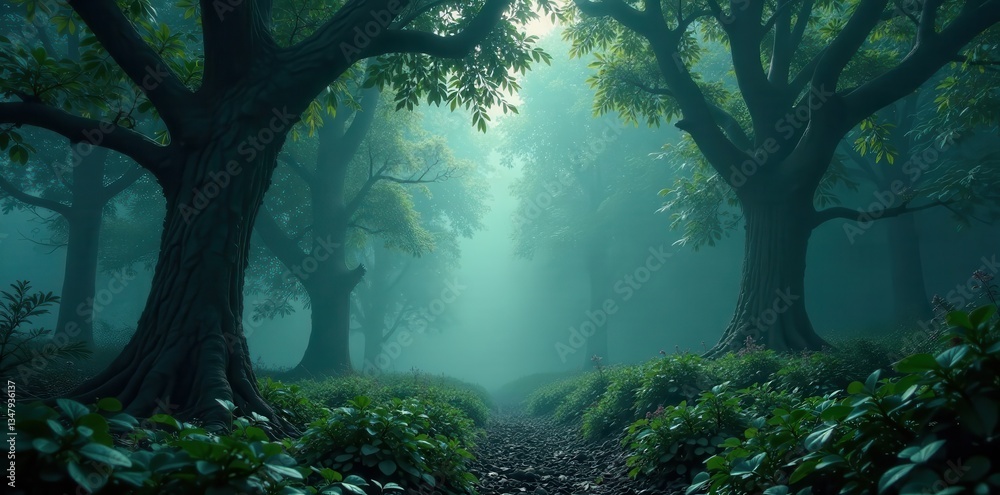 Dark forest with exotic leaf-covered trees and foggy atmosphere, trees, foggy, mysterious Dark forest with exotic leaf-covered trees and foggy atmosphere, trees, foggy, mysterious